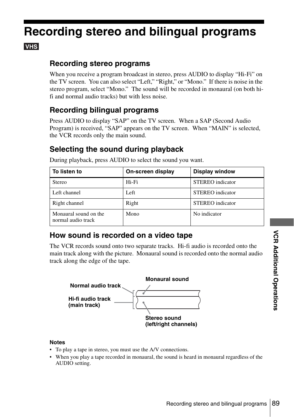 Recording stereo and bilingual programs, 89 r, Recording stereo programs | Recording bilingual programs, Selecting the sound during playback, How sound is recorded on a video tape | Sony SLV-D261P User Manual | Page 89 / 116