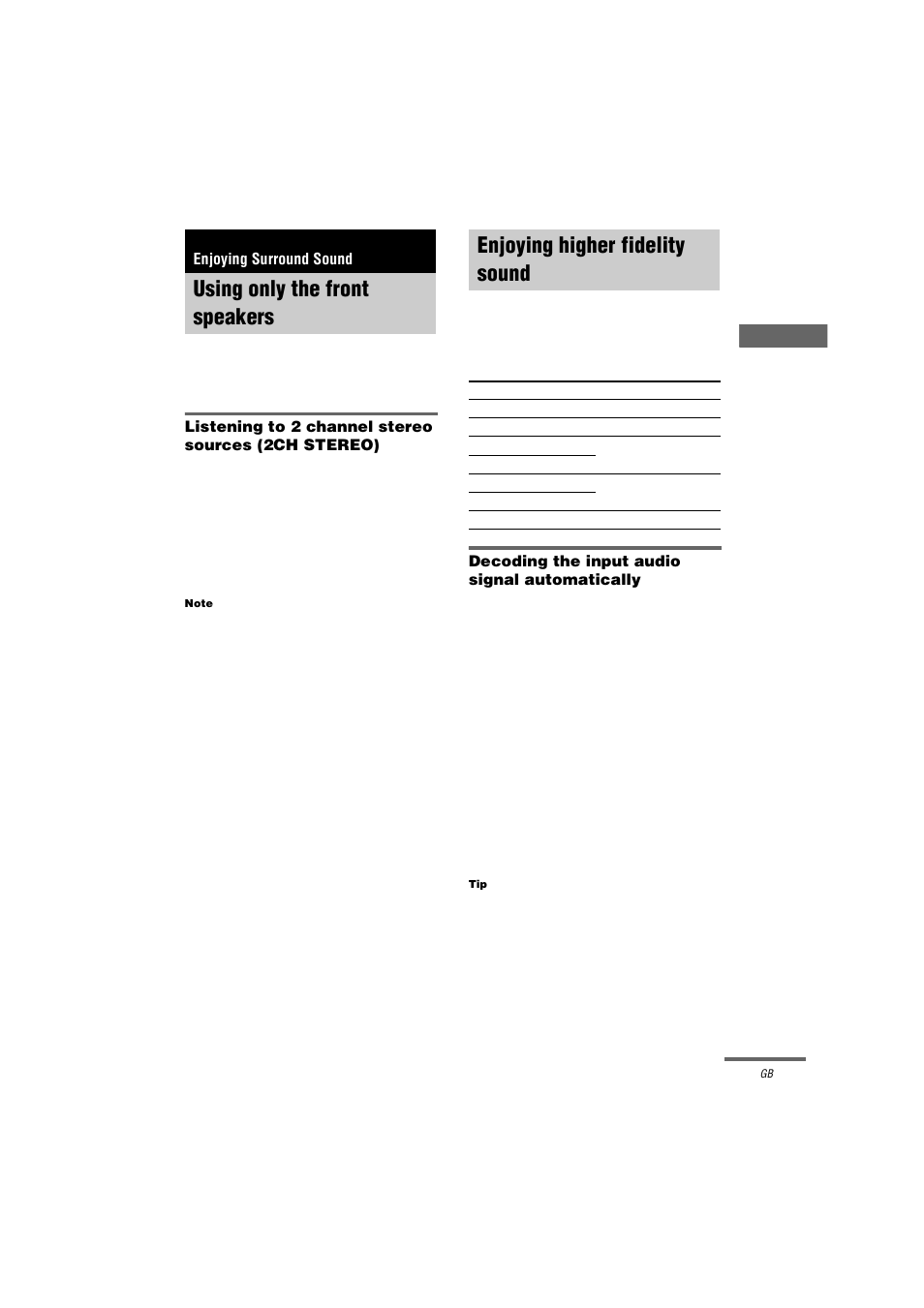 Enjoying surround sound, Using only the front speakers, Enjoying higher fidelity sound | Auto format direct | Sony STR-DA3000ES User Manual | Page 33 / 68