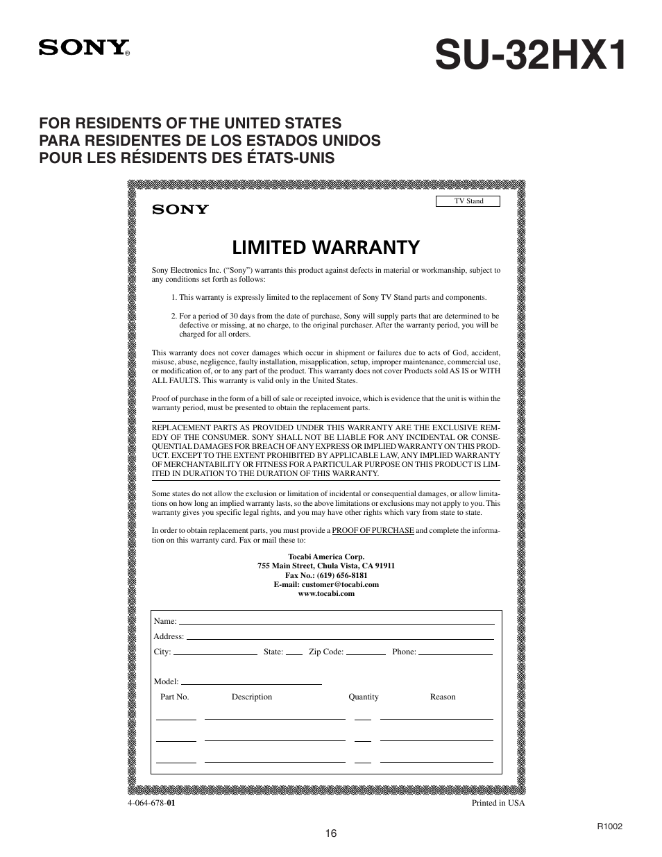 Su-32hx1, Limited warranty | Sony SU-32HX1 User Manual | Page 16 / 16