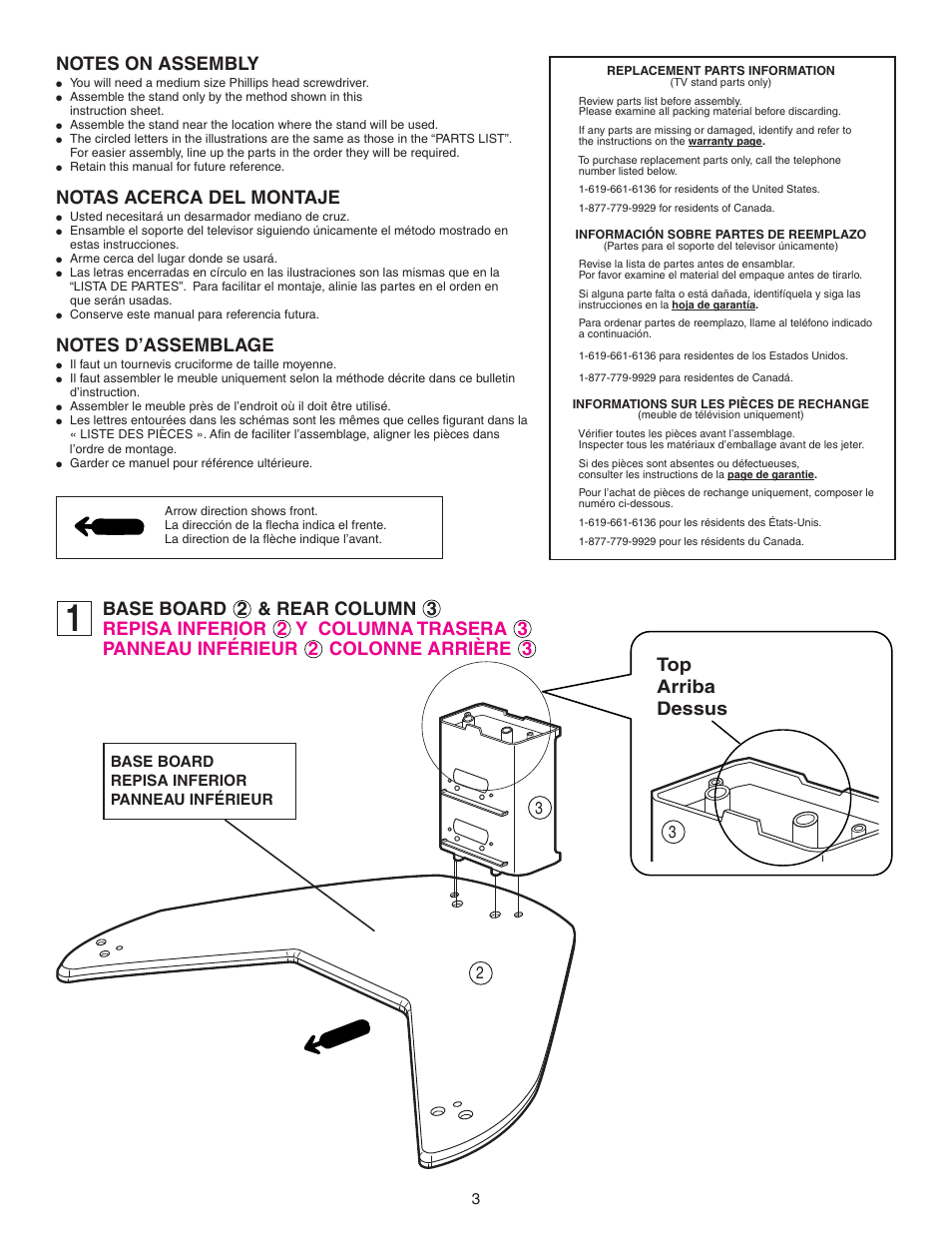 Notas acerca del montaje, Base board repisa inferior panneau inférieur | Sony SU-32HX1 User Manual | Page 3 / 16