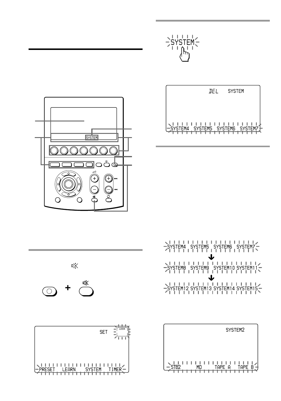 Or the label keys, System, Press the system key | While pressing commander off, press, System” appears on the mode display key, Set” appears on the mode display key | Sony RM-AV3000T User Manual | Page 32 / 100