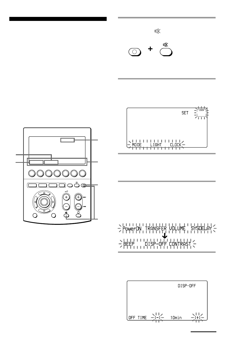 While pressing commander off, press, Press the mode key, Press the disp-off key | Set” appears on the mode display key, Mode” appears on the mode display key, Disp-off” appears on the mode display key, Continued | Sony RM-AV3000T User Manual | Page 73 / 100