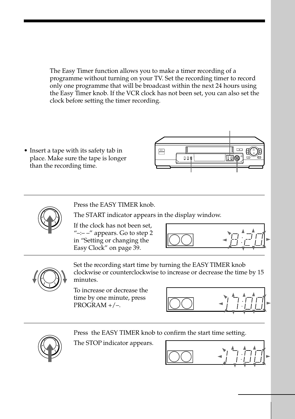 37 recording tv programmes using, The easy timer function, Setting the easy timer | Sony SLV-EZ11AZ User Manual | Page 37 / 68