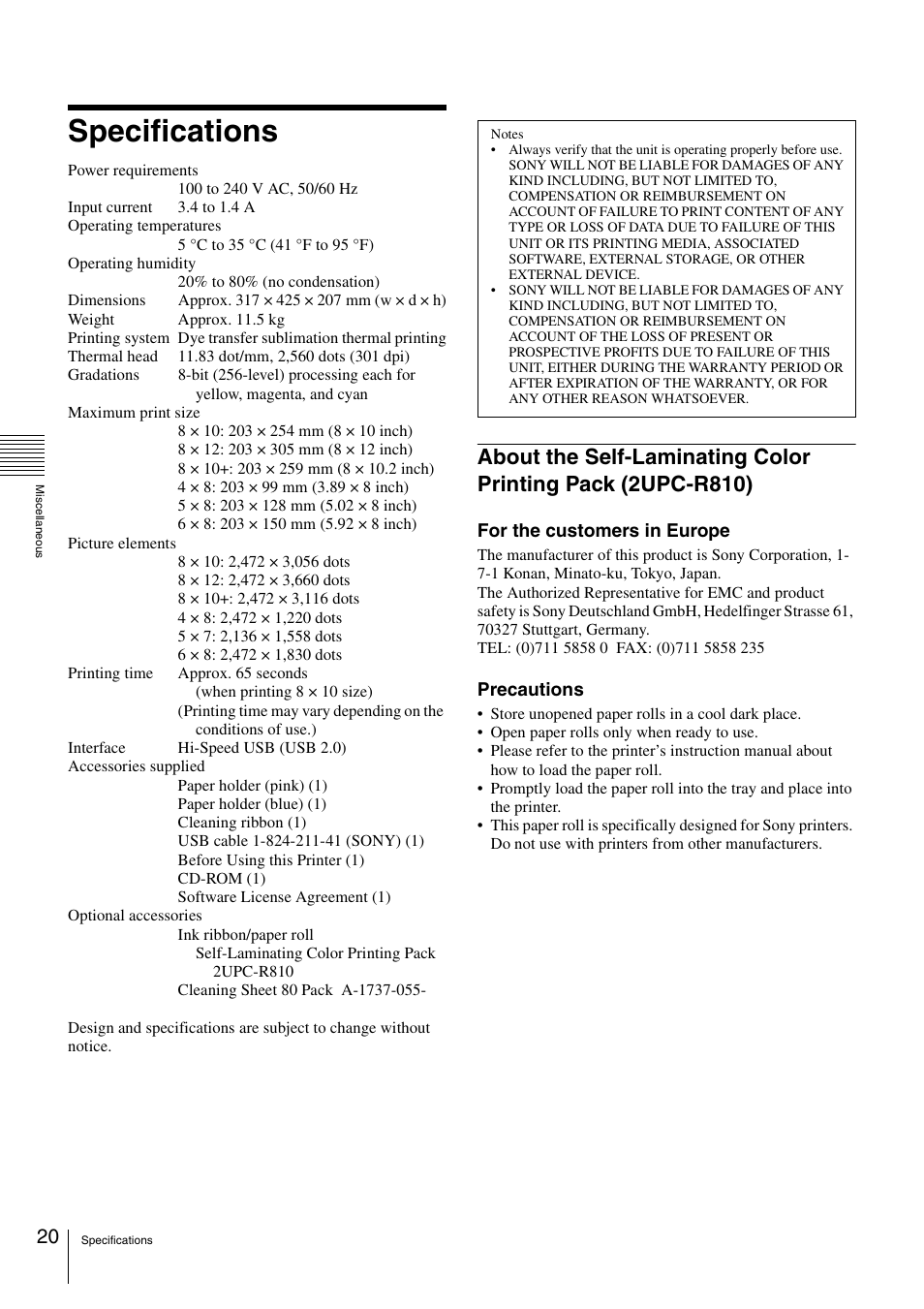 Specifications, About the self-laminating color printing pack, 2upc-r810) | Sony UP-DR80 User Manual | Page 20 / 24