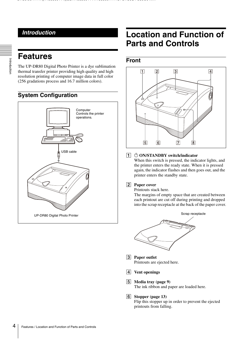 Introduction, Features, System configuration | Location and function of parts and controls, Front | Sony UP-DR80 User Manual | Page 4 / 24