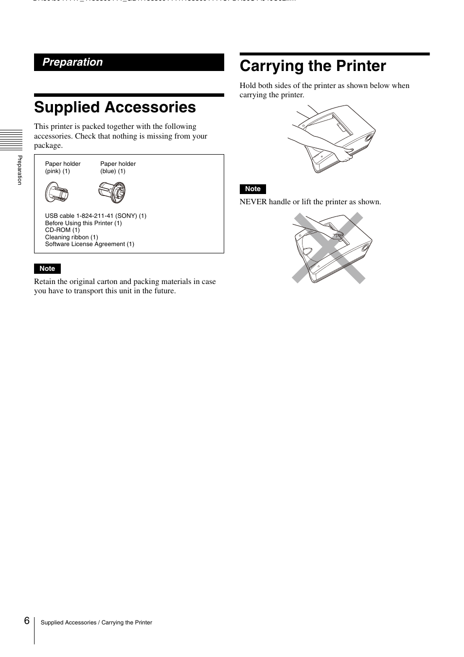 Preparation, Supplied accessories, Carrying the printer | Supplied accessories carrying the printer | Sony UP-DR80 User Manual | Page 6 / 24