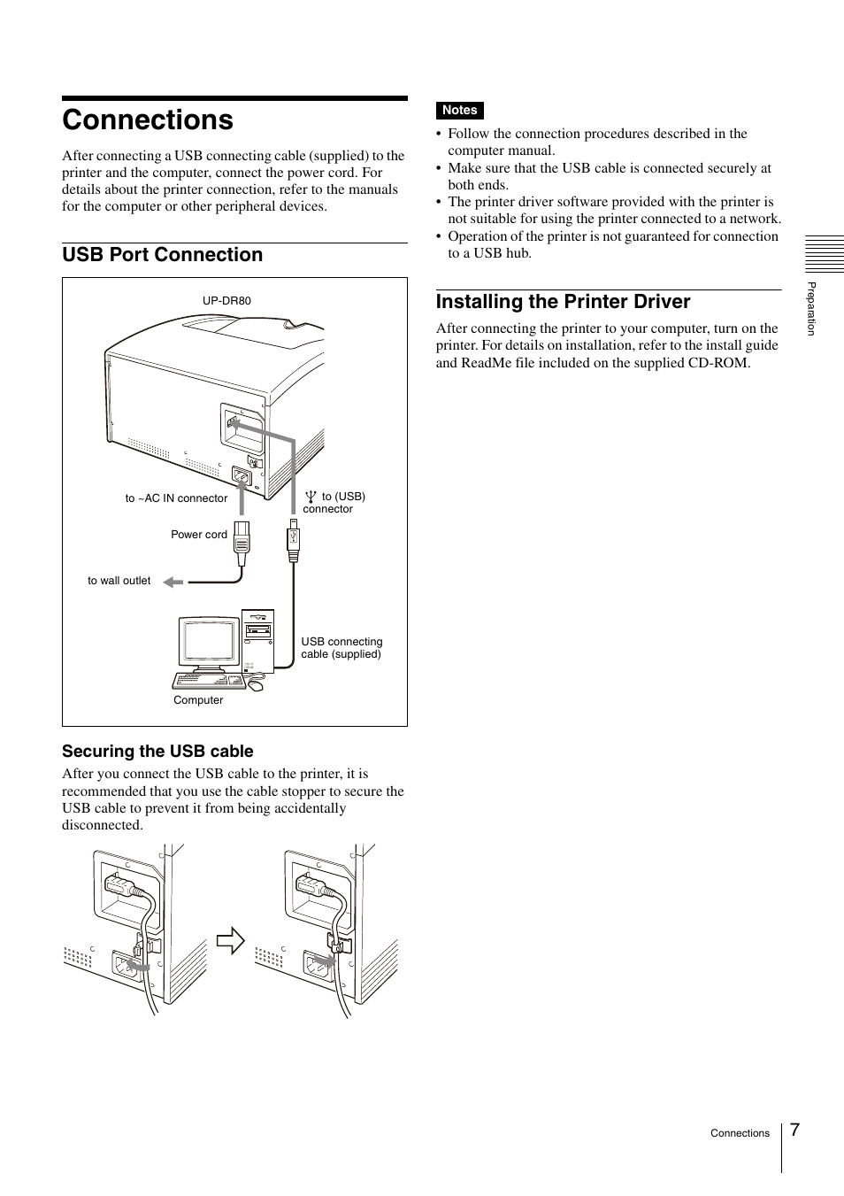 Connections, Usb port connection, Installing the printer driver | Usb port connection installing the printer driver, Securing the usb cable | Sony UP-DR80 User Manual | Page 7 / 24