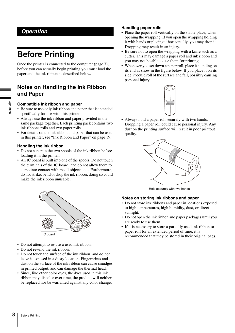 Operation, Before printing, Notes on handling the ink ribbon and paper | Sony UP-DR80 User Manual | Page 8 / 24