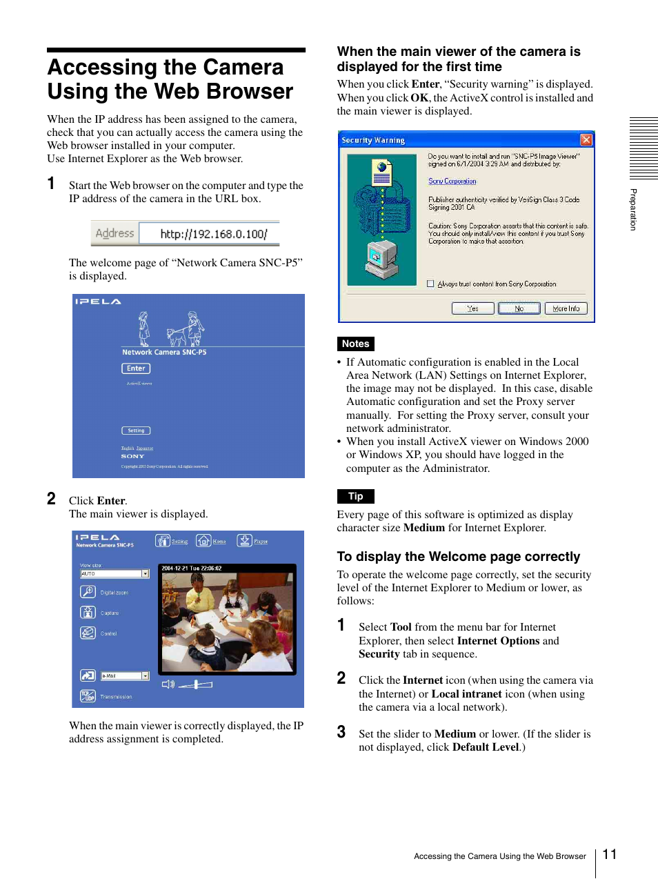 Accessing the camera using the web browser, Accessing the camera using the web browser 11 | Sony SNC-P5 User Manual | Page 11 / 79