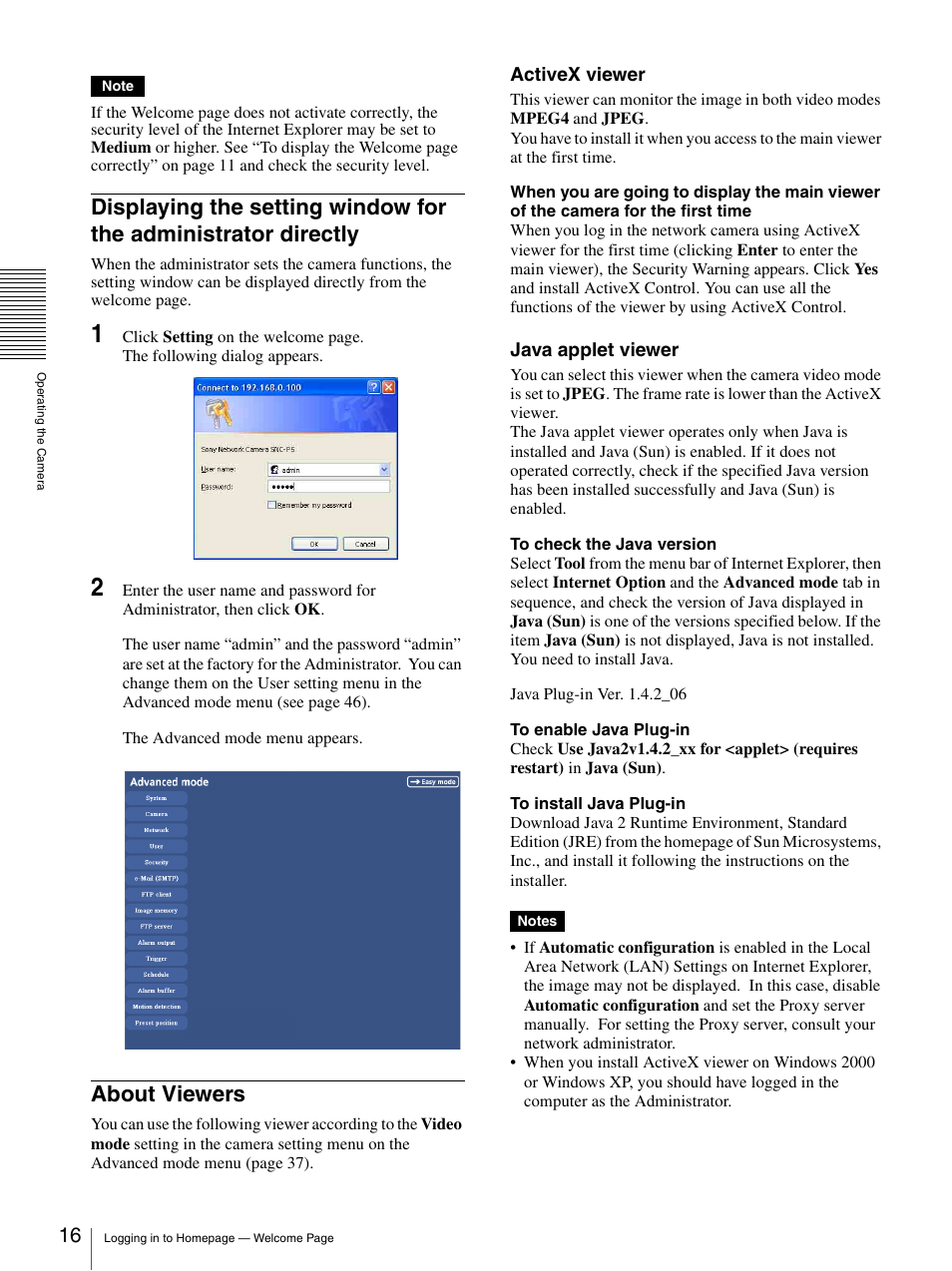 About viewers, Displaying the setting window for the, Administrator directly | Sony SNC-P5 User Manual | Page 16 / 79