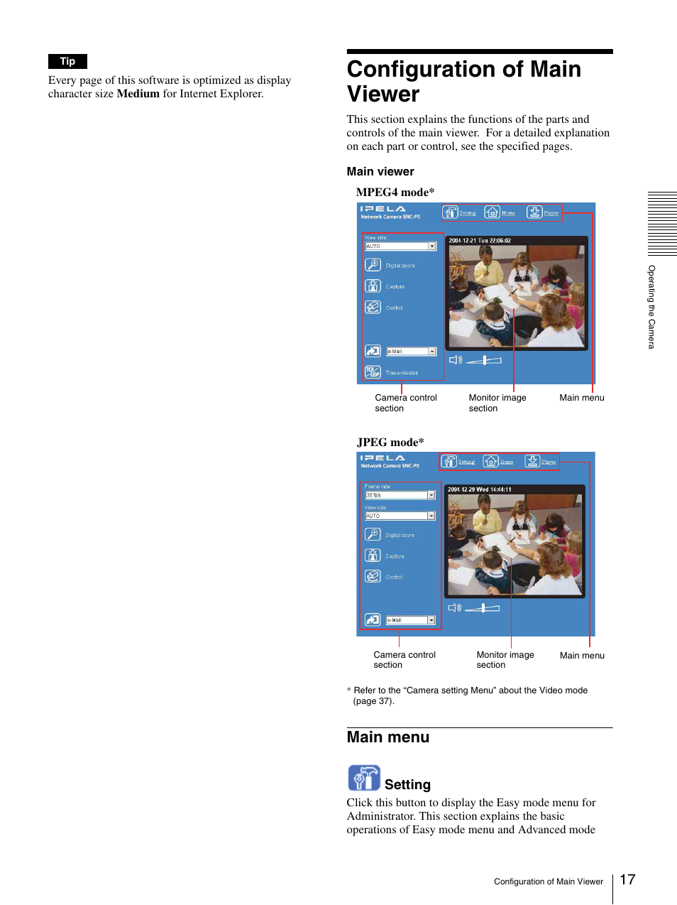 Configuration of main viewer, Main menu, Setting | Sony SNC-P5 User Manual | Page 17 / 79