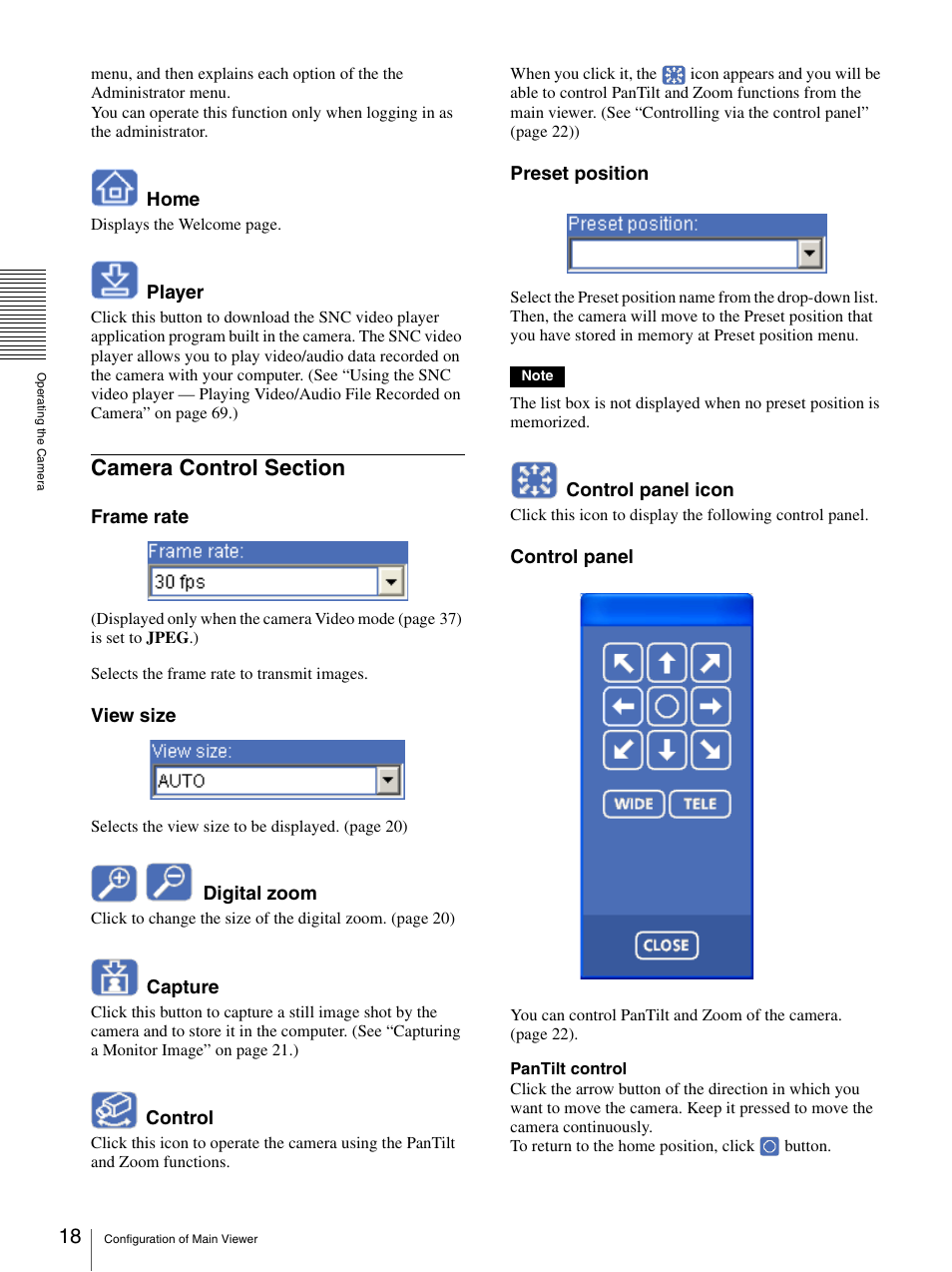 Camera control section | Sony SNC-P5 User Manual | Page 18 / 79