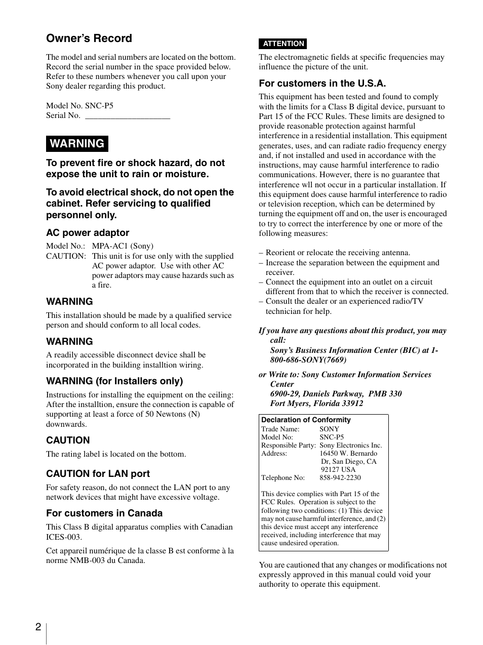 Owner’s record, Warning | Sony SNC-P5 User Manual | Page 2 / 79