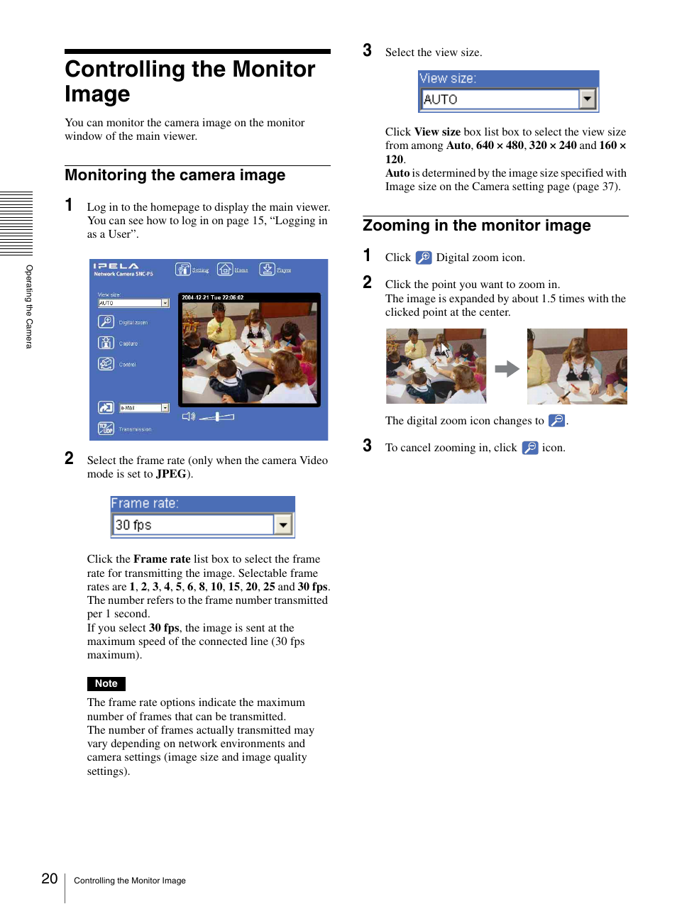 Controlling the monitor image, Monitoring the camera image, Zooming in the monitor image | Sony SNC-P5 User Manual | Page 20 / 79