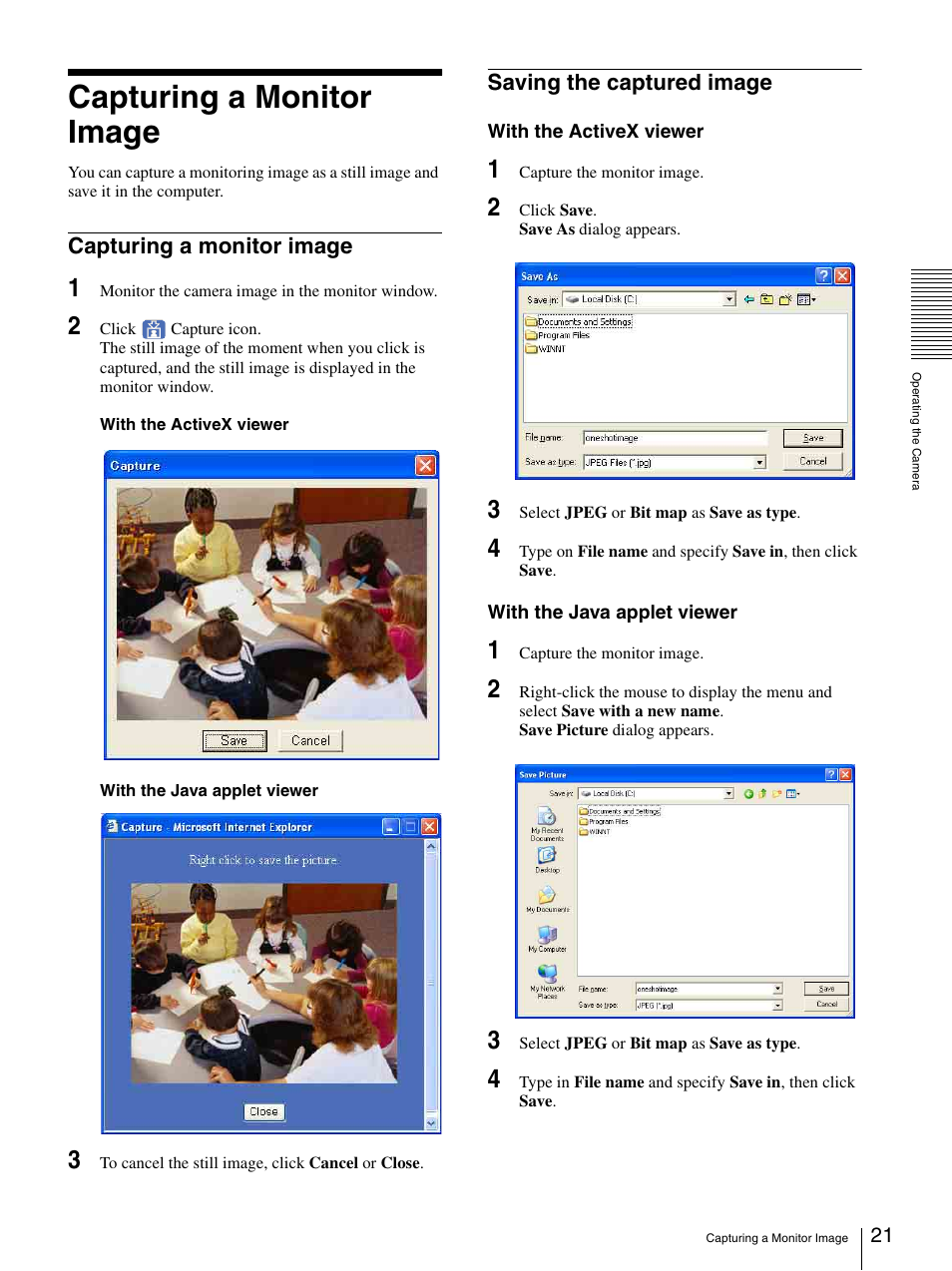 Capturing a monitor image, Saving the captured image | Sony SNC-P5 User Manual | Page 21 / 79