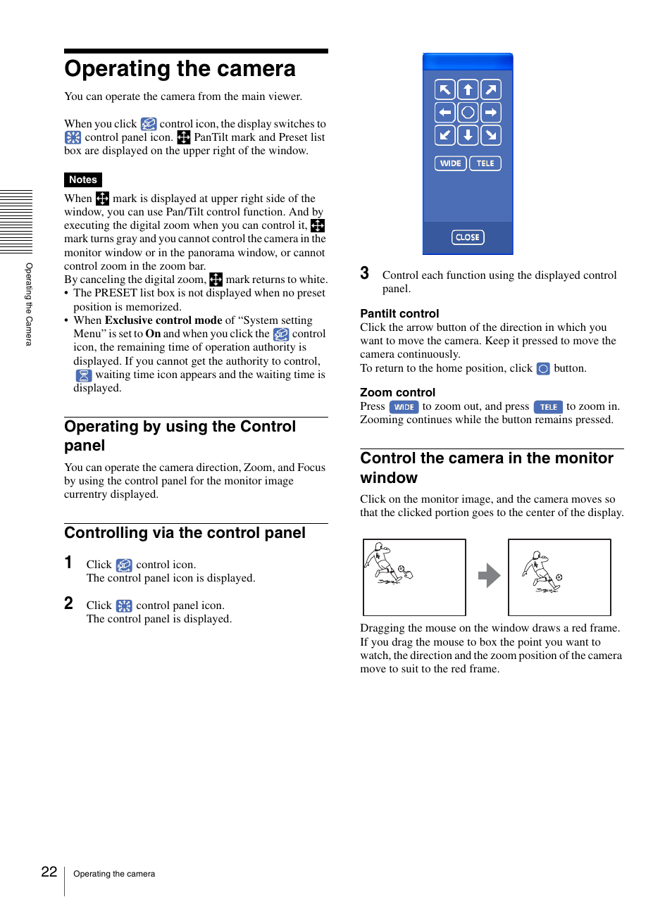 Operating the camera, Operating by using the control panel, Controlling via the control panel | Control the camera in the monitor window | Sony SNC-P5 User Manual | Page 22 / 79