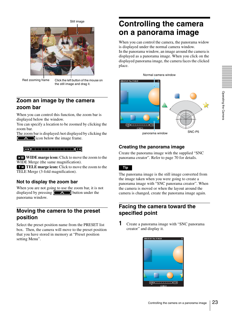 Zoom an image by the camera zoom bar, Moving the camera to the preset position, Controlling the camera on a panorama image | Facing the camera toward the specified point, Controlling the camera on a panorama image . 23 | Sony SNC-P5 User Manual | Page 23 / 79