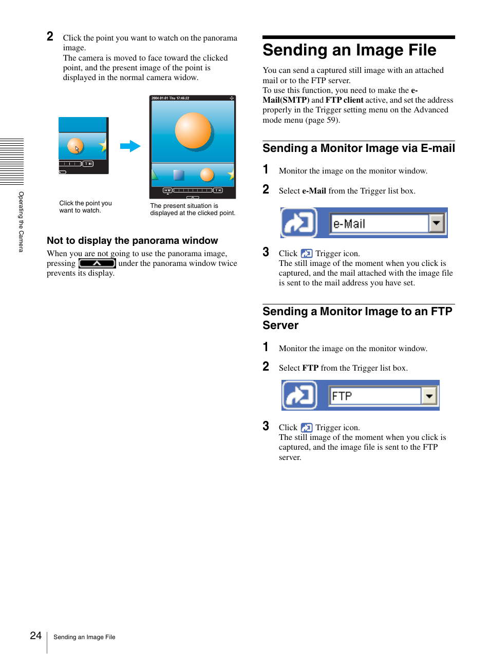 Sending an image file, Sending a monitor image via e-mail, Sending a monitor image to an ftp server | Sony SNC-P5 User Manual | Page 24 / 79