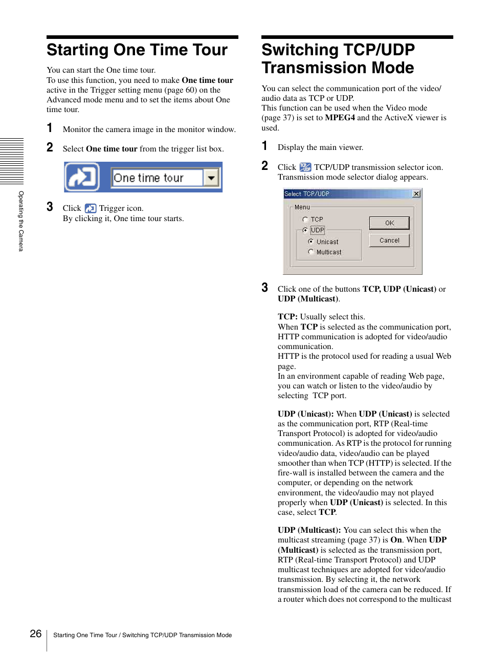 Starting one time tour, Switching tcp/udp transmission mode | Sony SNC-P5 User Manual | Page 26 / 79