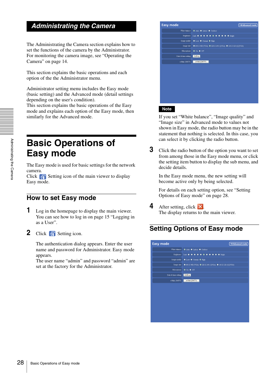 Administrating the camera, Basic operations of easy mode, How to set easy mode | Setting options of easy mode, How to set easy mode setting options of easy mode | Sony SNC-P5 User Manual | Page 28 / 79