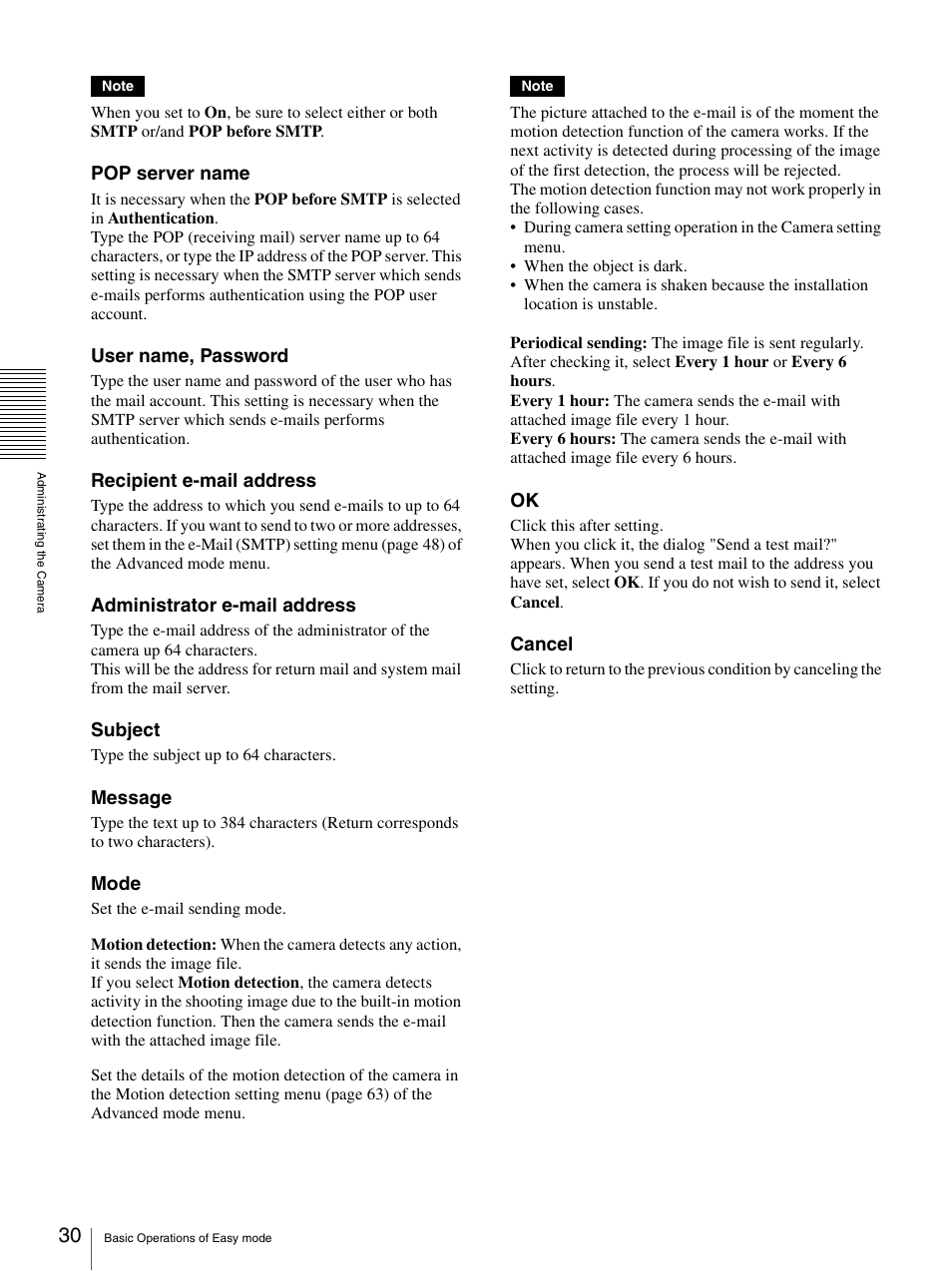 Pop server name, User name, password, Recipient e-mail address | Administrator e-mail address, Subject, Message, Mode, Cancel | Sony SNC-P5 User Manual | Page 30 / 79