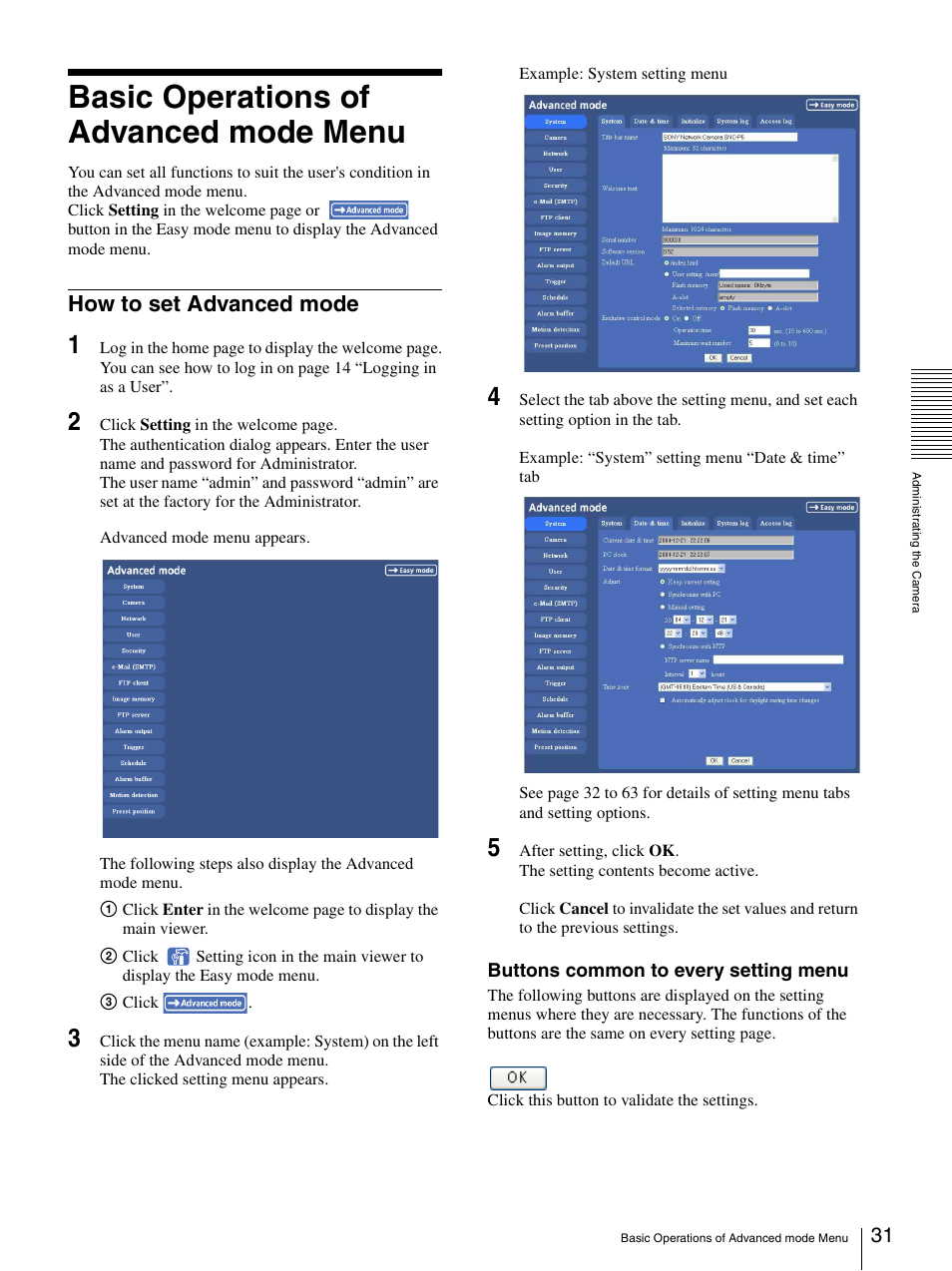 Basic operations of advanced mode menu, How to set advanced mode | Sony SNC-P5 User Manual | Page 31 / 79