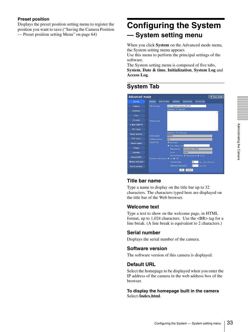 Configuring the system - system setting menu, System tab, Configuring the system — system setting menu | Configuring the system, System setting menu | Sony SNC-P5 User Manual | Page 33 / 79