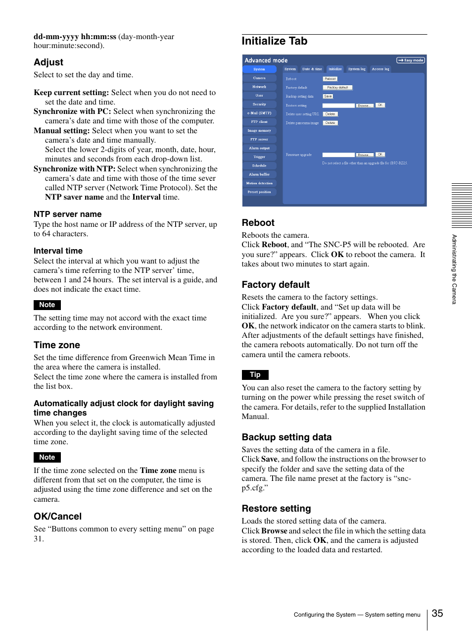 Initialize tab, Adjust, Time zone | Ok/cancel, Reboot, Factory default, Backup setting data, Restore setting | Sony SNC-P5 User Manual | Page 35 / 79