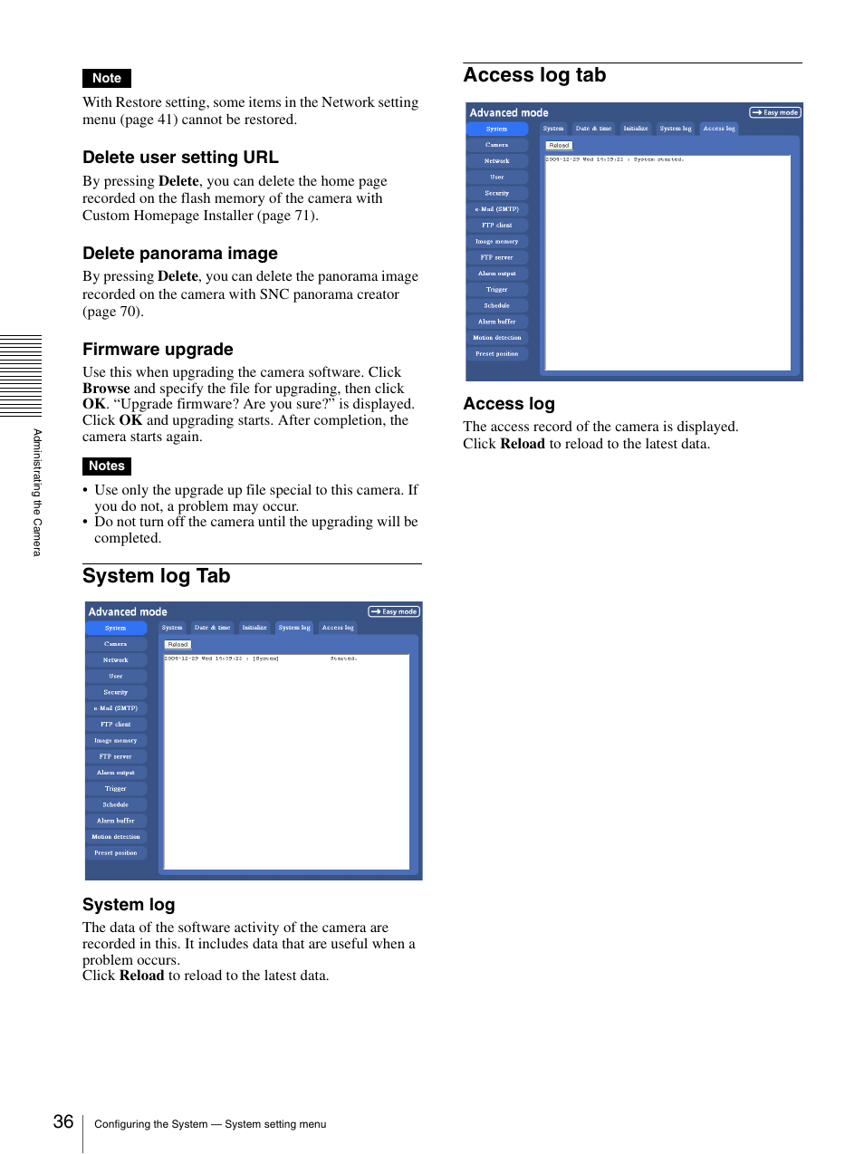 System log tab, Access log tab, System log tab access log tab | Delete user setting url, Delete panorama image, Firmware upgrade, System log, Access log | Sony SNC-P5 User Manual | Page 36 / 79