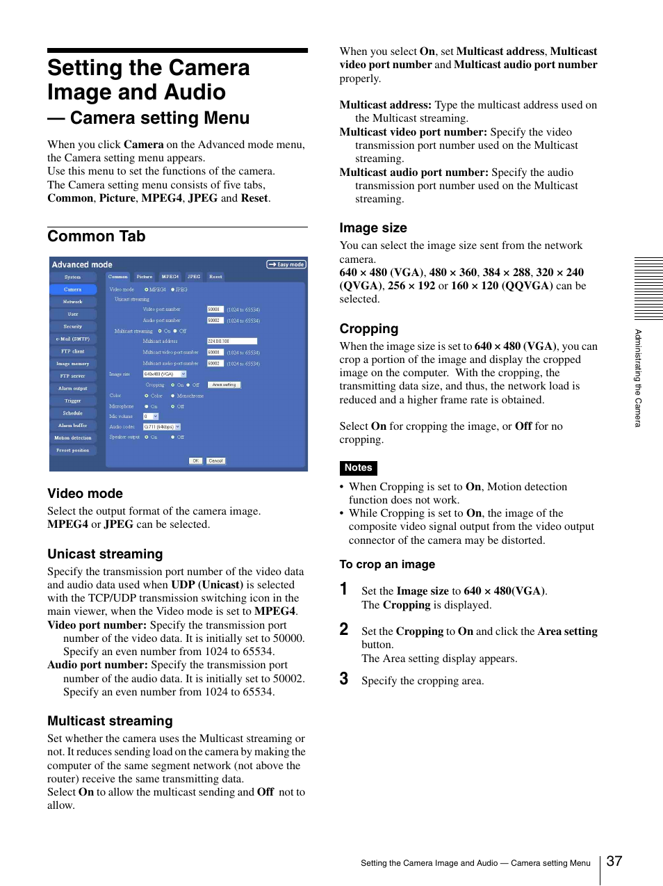 Common tab, Setting the camera image and audio, Camera setting menu | Sony SNC-P5 User Manual | Page 37 / 79