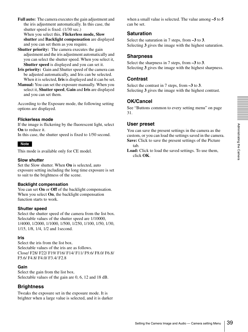 Brightness, Saturation, Sharpness | Contrast, Ok/cancel, User preset | Sony SNC-P5 User Manual | Page 39 / 79