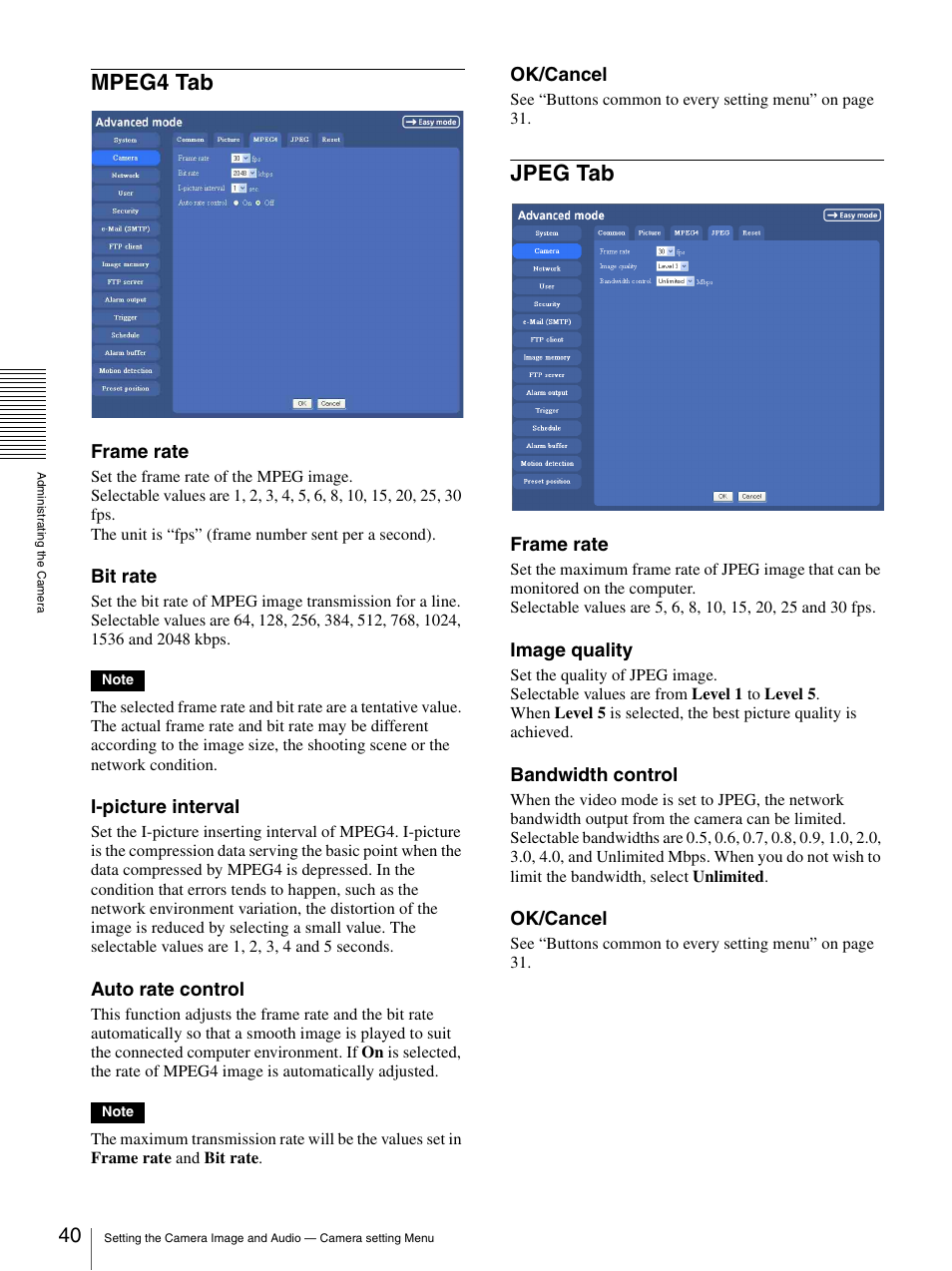 Mpeg4 tab, Jpeg tab, Mpeg4 tab jpeg tab | Sony SNC-P5 User Manual | Page 40 / 79