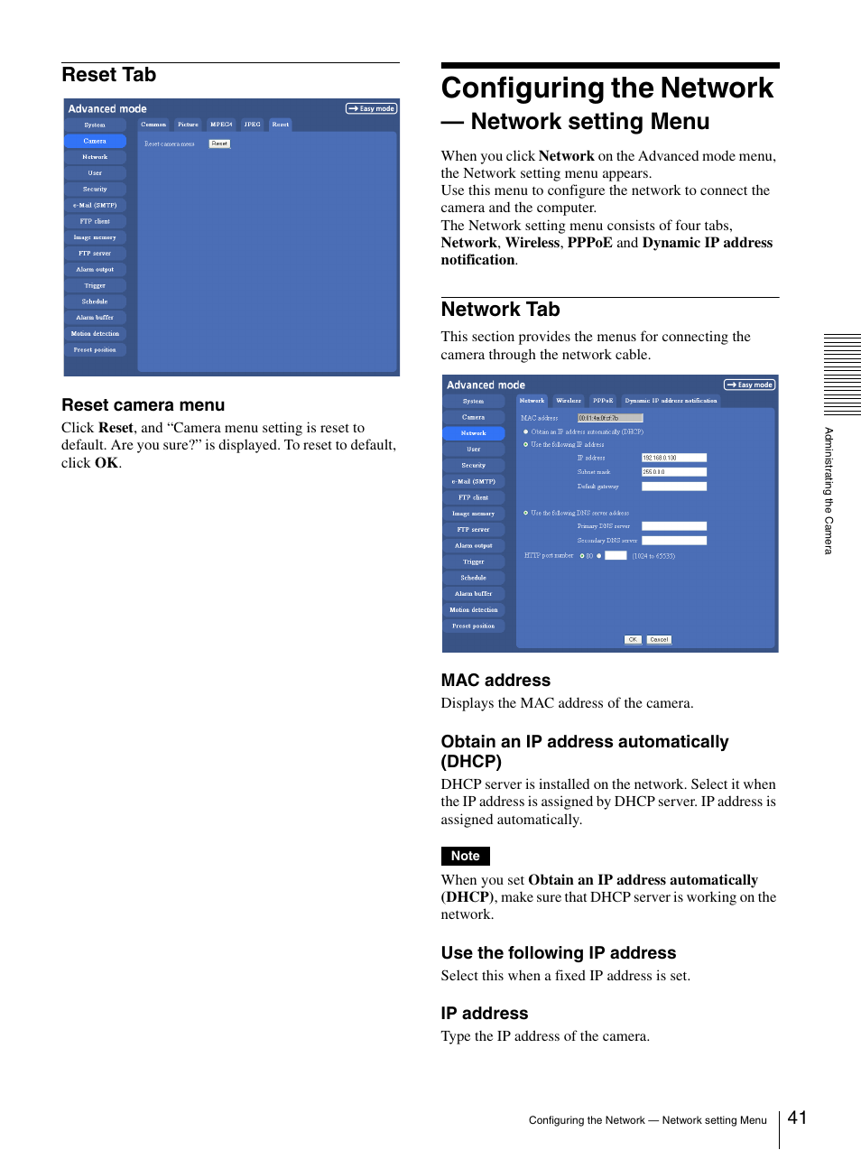 Reset tab, Configuring the network – network setting menu, Network tab | Configuring the network — network setting menu, Configuring the network, Network setting menu | Sony SNC-P5 User Manual | Page 41 / 79