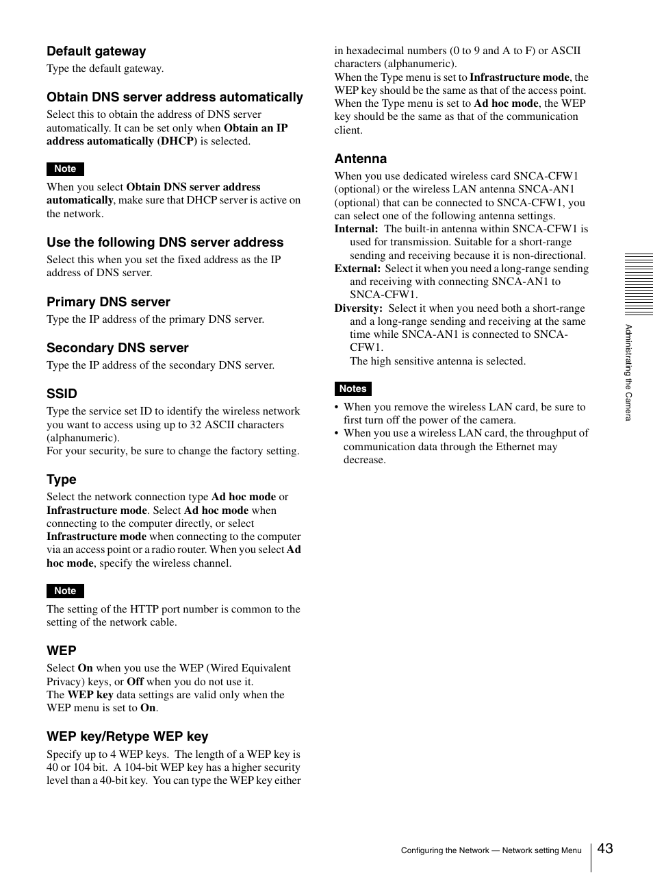 Default gateway, Obtain dns server address automatically, Use the following dns server address | Primary dns server, Secondary dns server, Ssid, Type, Wep key/retype wep key, Antenna | Sony SNC-P5 User Manual | Page 43 / 79