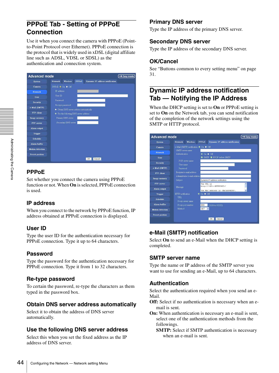 Pppoe tab – setting of pppoe connection, The ip address, Pppoe tab - setting of pppoe connection | Sony SNC-P5 User Manual | Page 44 / 79