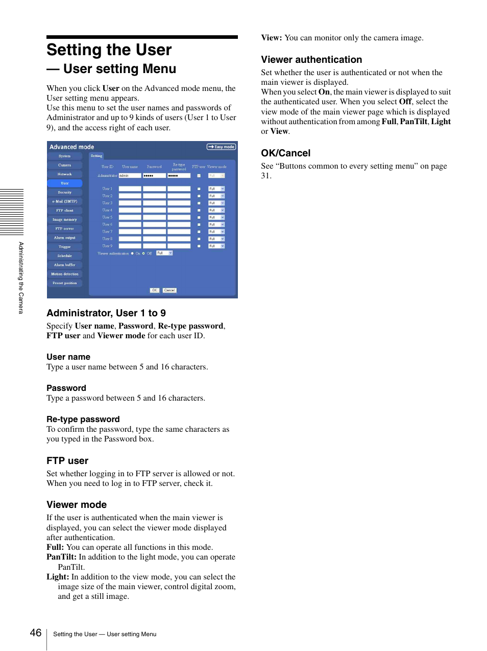 Setting the user – user setting menu, Setting the user — user setting menu, Setting the user | User setting menu | Sony SNC-P5 User Manual | Page 46 / 79