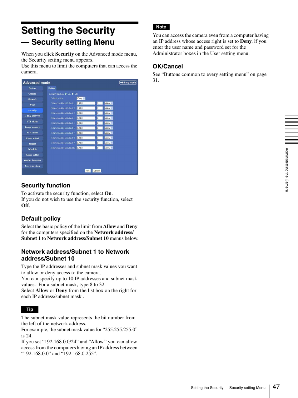 Setting the security – security setting menu, Setting the security — security setting menu, Setting the security | Security setting menu, Security function, Default policy, Ok/cancel | Sony SNC-P5 User Manual | Page 47 / 79