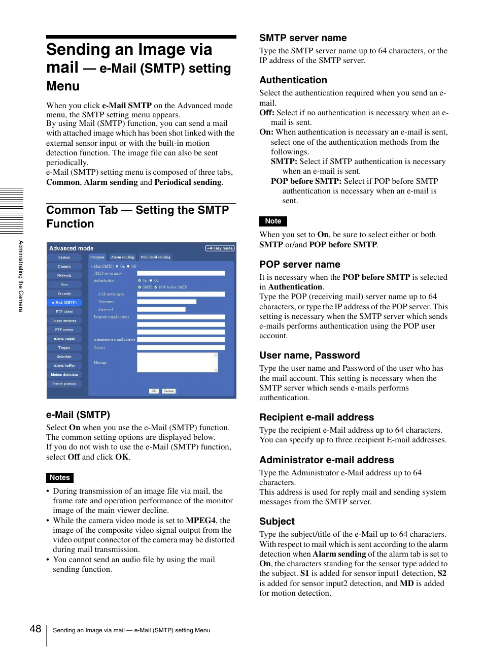 Common tab – setting the smtp function, Common tab — setting the smtp function, Sending an image via mail | E-mail (smtp) setting menu | Sony SNC-P5 User Manual | Page 48 / 79