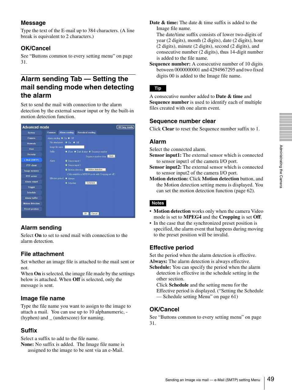 Alarm sending tab — setting the mail sending, Mode when detecting the alarm | Sony SNC-P5 User Manual | Page 49 / 79