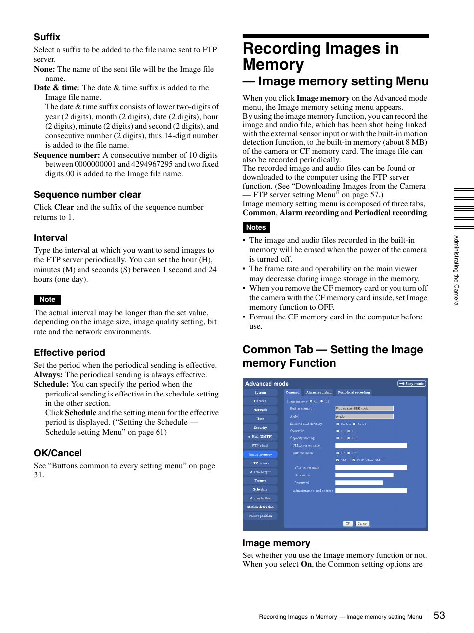 Common tab – setting the image memory function, Common tab — setting the image memory, Function | Sony SNC-P5 User Manual | Page 53 / 79