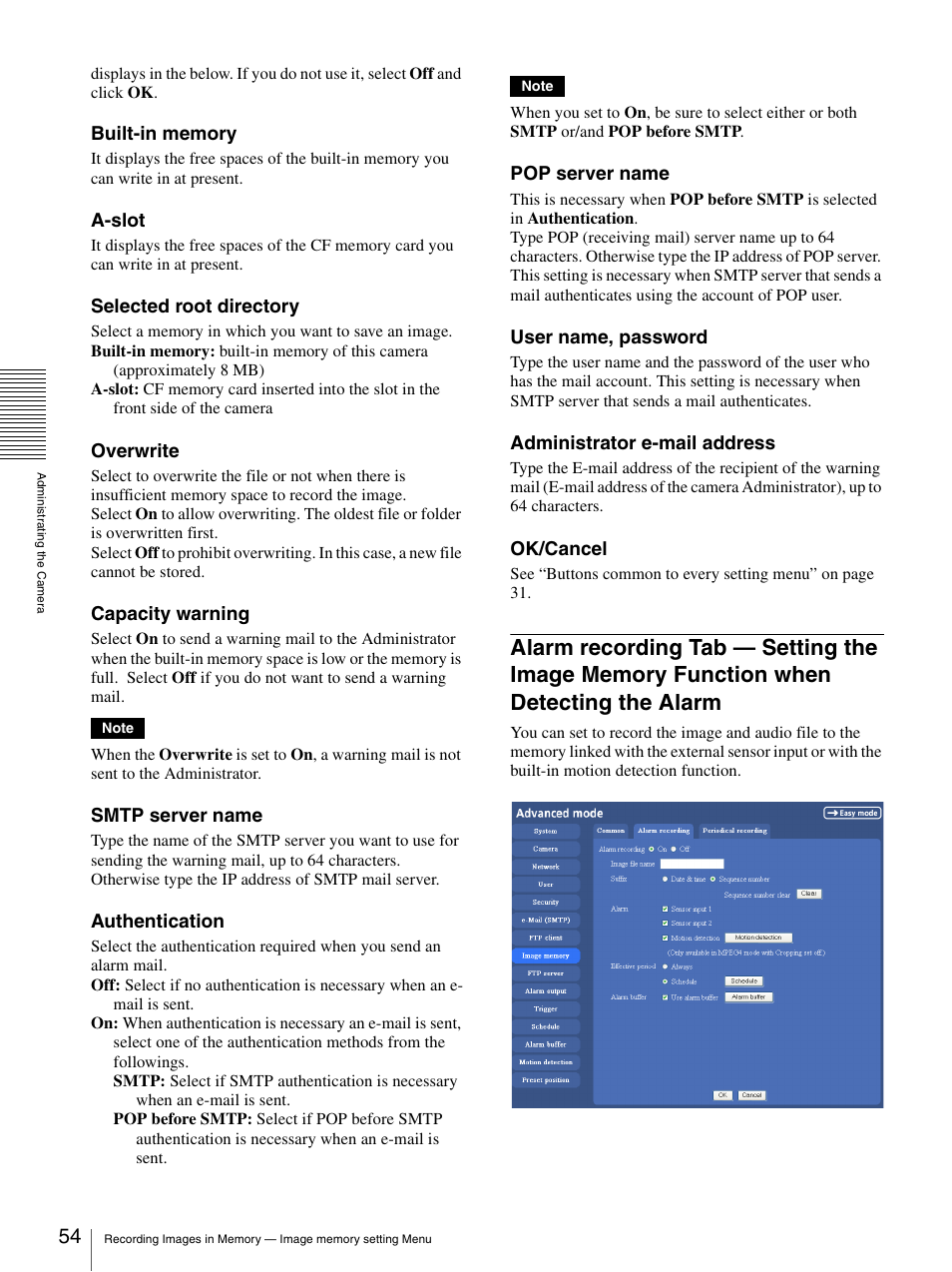 Alarm recording tab — setting the image, Memory function when detecting the alarm 54 | Sony SNC-P5 User Manual | Page 54 / 79