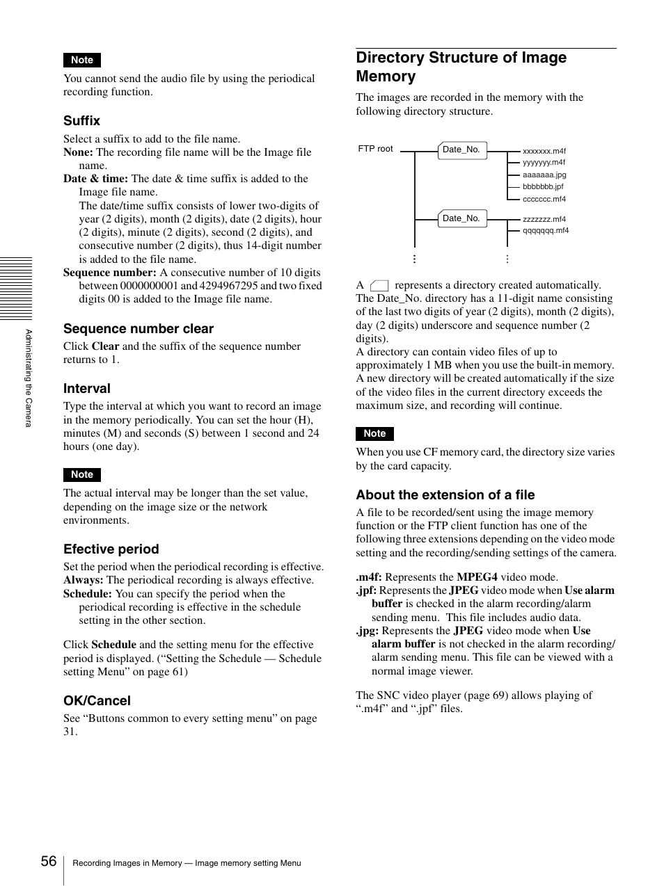 Directory structure of image memory, Suffix, Sequence number clear | Interval, Efective period, Ok/cancel, About the extension of a file | Sony SNC-P5 User Manual | Page 56 / 79