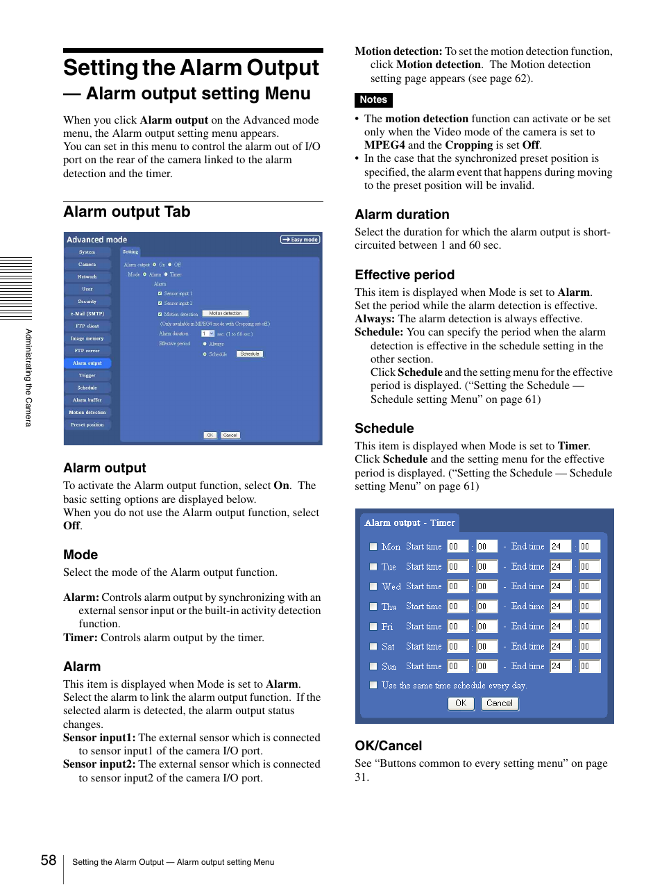 Alarm output tab, Setting the alarm output, Alarm output setting menu | Sony SNC-P5 User Manual | Page 58 / 79