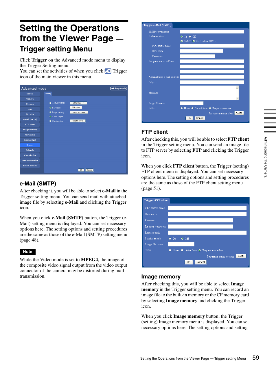 Setting the operations from the viewer page, Trigger setting menu | Sony SNC-P5 User Manual | Page 59 / 79