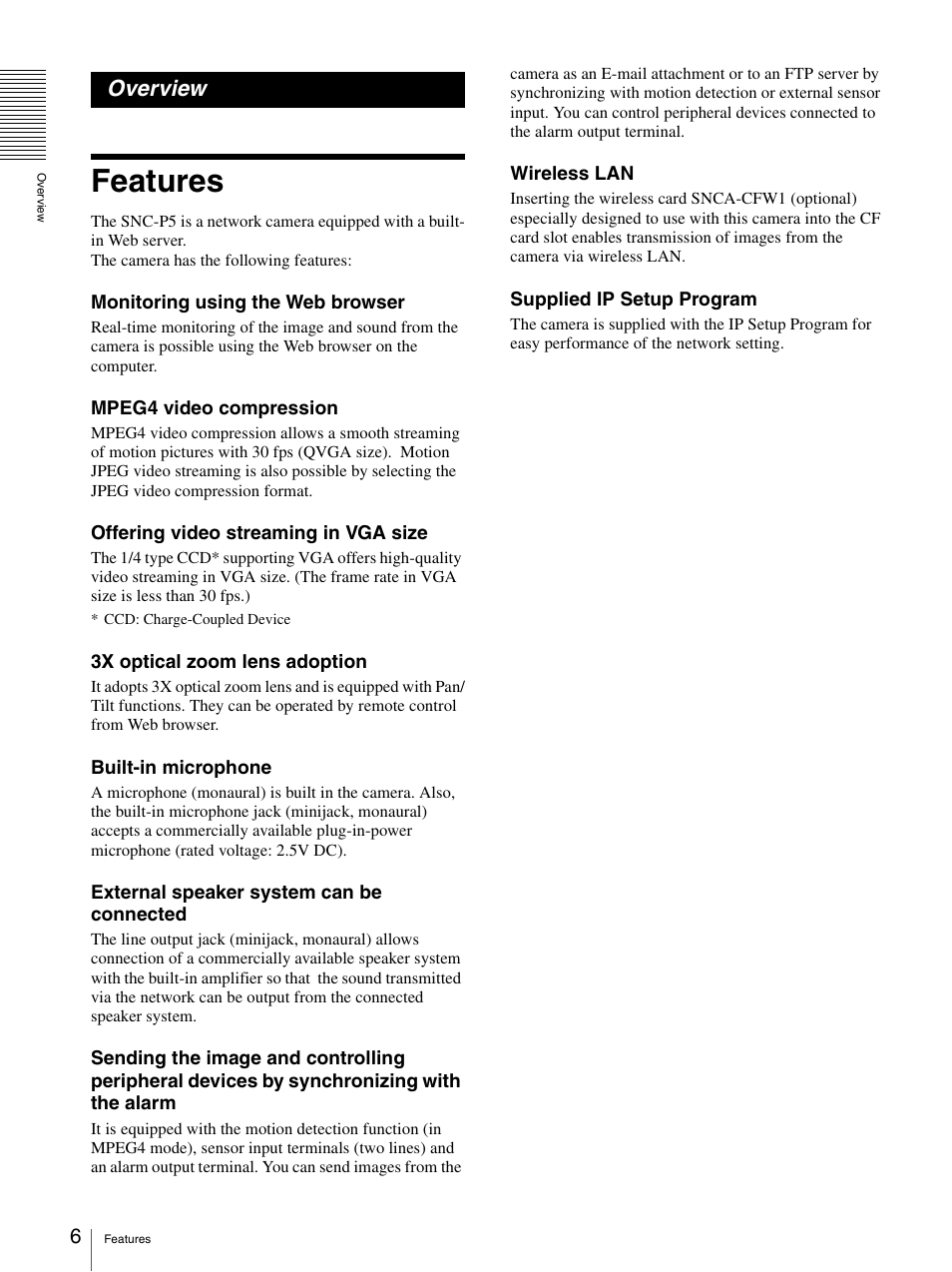 Overview, Features | Sony SNC-P5 User Manual | Page 6 / 79