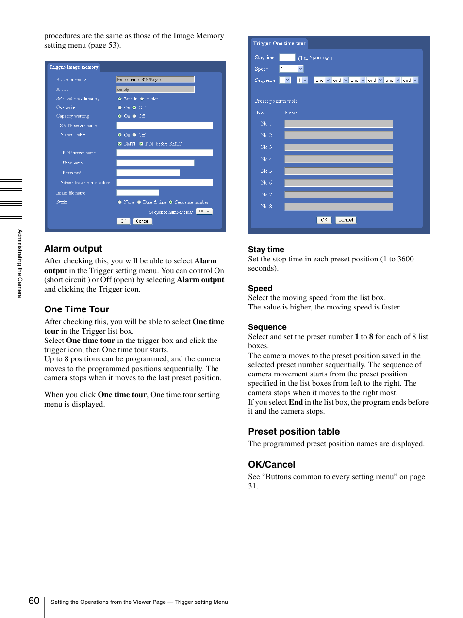 Alarm output, One time tour, Preset position table | Ok/cancel | Sony SNC-P5 User Manual | Page 60 / 79