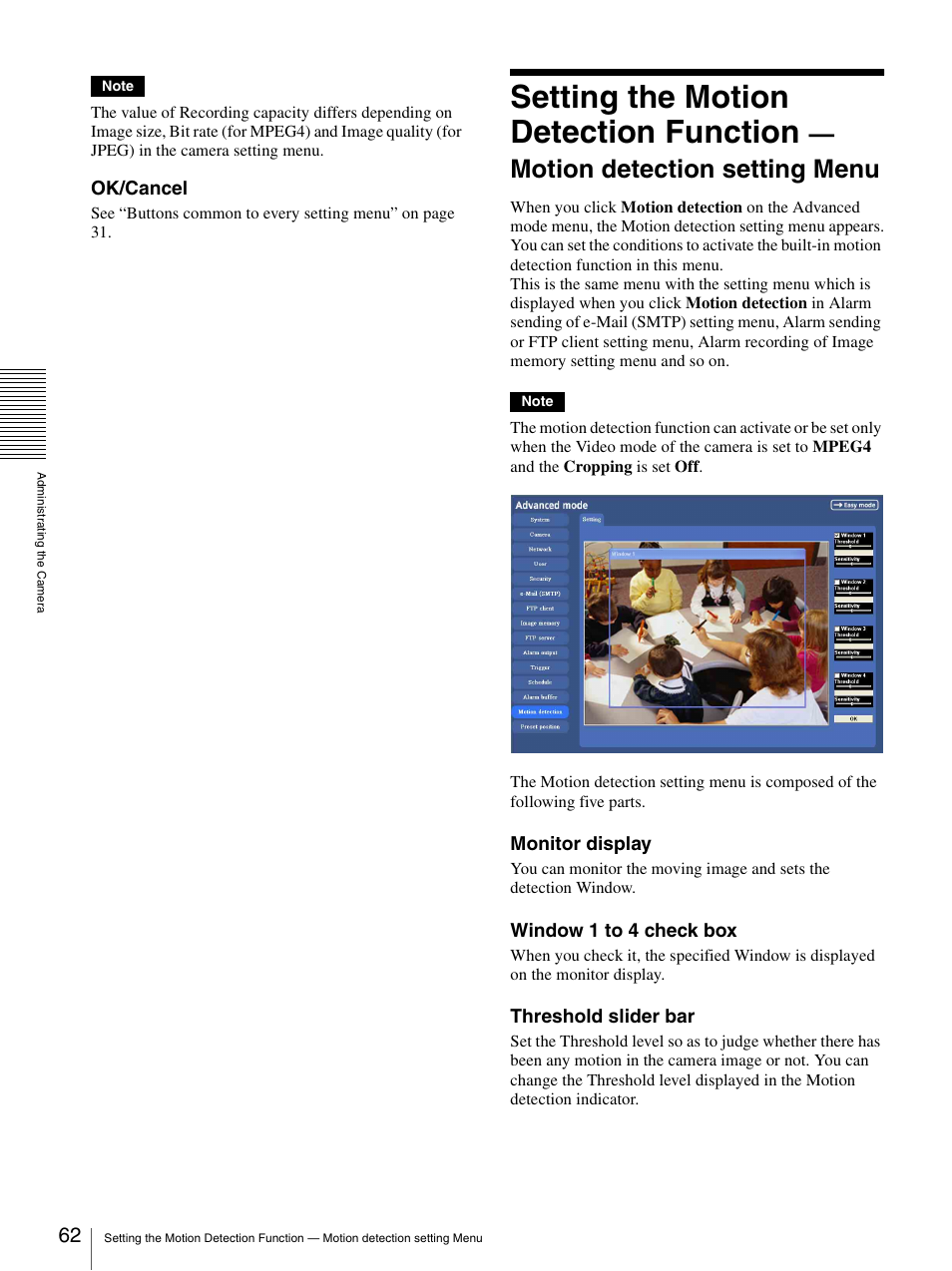 Setting the motion detection function, Motion detection setting menu | Sony SNC-P5 User Manual | Page 62 / 79