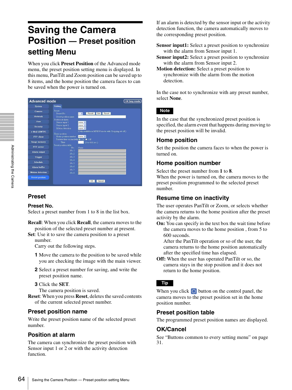 Saving the camera position, Preset position, Setting menu | Preset position setting menu | Sony SNC-P5 User Manual | Page 64 / 79