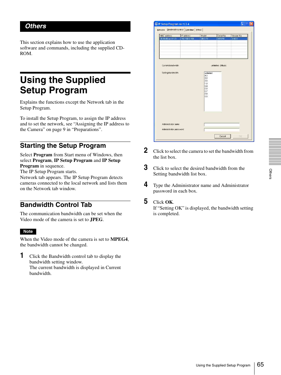 Others, Using the supplied setup program, Starting the setup program | Bandwidth control tab, Starting the setup program bandwidth control tab | Sony SNC-P5 User Manual | Page 65 / 79