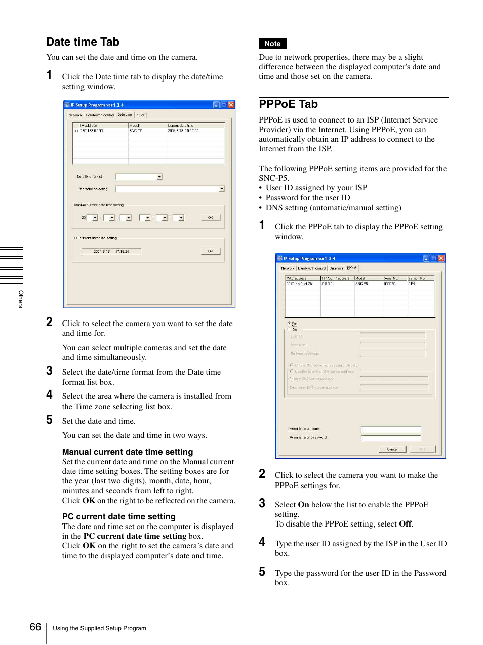 Date time tab, Pppoe tab, Date time tab pppoe tab | Sony SNC-P5 User Manual | Page 66 / 79